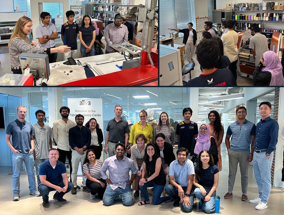 The laboratory group touring a textile fabrication facility, and a group photograph at the Fabric Discovery Center.