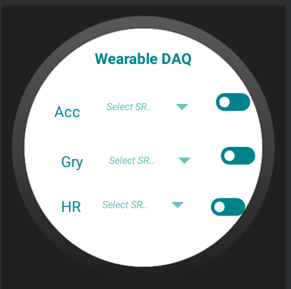 The first Wearable DAQ watch screen: accelerometer, gyroscope and heart rate, each with a sample-rate selector and an on/off toggle.