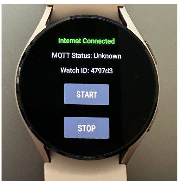 The current watch app showing internet connection status, MQTT state and the watch identifier, with start and stop controls.